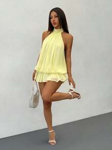 Vestido mini elegante de mujer de color amarillo claro con cuello halter y lazo, adecuado para fiestas, citas, otoño/invierno, primavera/verano - Amarillo - Ver 9