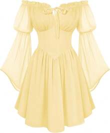 Vestido de Hada Renacentista para Mujer, Verano 2026, Estilo Boho, Hombros Descubiertos, Corsé Fluido, Vestidos Mini - Azul claro - Ver 11