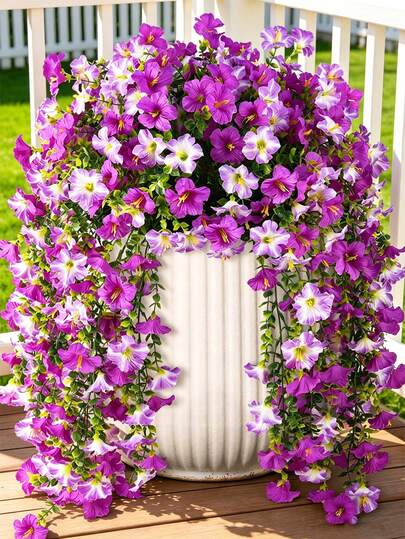 4Pcs Artificial Hanging Morning Glory Flowers With Eucalyptus Leaves, Faux Silk UV Resistant Trailing Vines, Realistic Fake Hanging Plants For Outdoor Garden Patio Balcony Porch Yard, Spring Wedding Wall Home Living Room Office Bookshelf Indoor Outdoor Decor