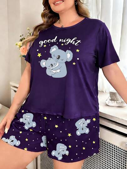 Plus Size Women's Pajama Set, Navy Blue Cartoon Koala Print Short Sleeve Shorts, Loose Casual Comfortable, Suitable For Summer