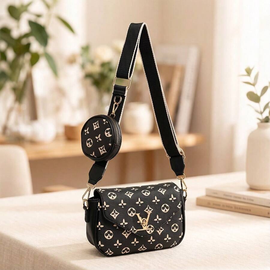 Women's 2-In-1 Crossbody Bag Set: Letter Print Shoulder Bag With Round Pouch, Stylish Everyday Bag; Retro Women's Crossbody Bag, Compact Casual Everyday Backpack With Detachable Pouch And Adjustable Shoulder Strap, A Shopping Essential; Women's Black Shoulder Bag With Gold Buckle, Mini Bag And Round Coin Purse Set, Lightweight Crossbody Bag, A Must-Have For Girls' Daily Life. - ĐEN - Xem 1