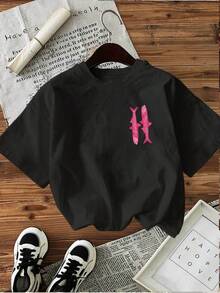 [Double-Sided Print] Spring-Summer Fashion Casual Women's Retro-Style Top With Sardine Pattern And "Sardine" Text. Round Neck Short-Sleeved T-Shirt. - Black - View 2
