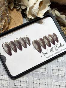 10pcs Purple Base Gold Cat Eye Design Handmade False Nails, Suitable For Women - Purple - View 3