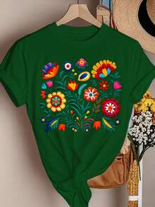 Mexican-Style T-Shirt With A Colorful Floral Print Featuring Festive Motifs, Casual Short-Sleeved Top With A Round Neck For Women. DWRM - 墨綠色 - 查看 3