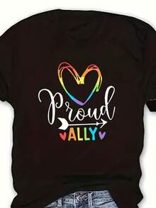 Summer Tees: "Proud Ally" Short Sleeve T-Shirt - Striped And "Ally" Print, Crew Neck, Casual Top, Inclusive + Apparel, Machine Washable Casual Wear For "Allies & Pride" Events. Cotton T-Shirt, Summer Outfit. - Black - View 2