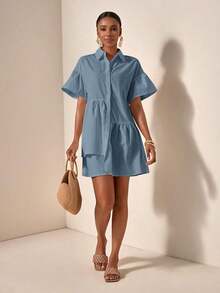 Vestido camisero verde de mujer, estilo casual con volantes, manga corta y cuello de camisa - Celeste 2 - Ver 4
