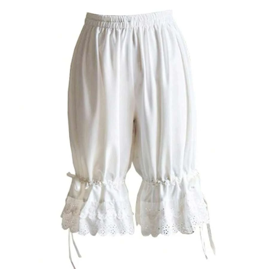 Pantalones bombachos con dobladillo de encaje y lazo, Shorts elásticos de pierna ancha, Estilo Vintage, Color sólido - Blanco - Ver 1