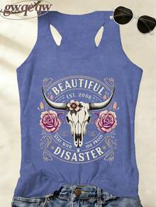 Women's Beautiful Disaster Bull Skull Floral Graphic Tank Top, 180G Vest Casual Summer Tops, Western Vacation Outfits For Women, Fashion Summer Clothes, Cowgirl Graphic Tees Women - Navy Blue - View 2