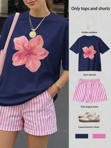 Conjunto de top de manga corta holgado con estampado floral y shorts a rayas para mujer, conjunto informal de verano de 2 piezas para mujer, traje de mujer, conjunto de verano para mujer, ropa de vacaciones, atuendo de viaje, estilo de playa, ropa de vacaciones minimalista - Niebla azul - Ver 1