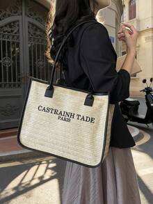 Niche Design Straw Tote Bag, Letter Print, Large Capacity, Casual Vacation Style Shoulder Bag For Women - Khaki - View 3