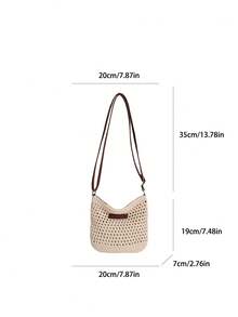 1pc Handmade Woven Mini Handbag, Detachable Chain Strap, Women's Summer Beach Travel Daily Crossbody Bag - Beige - View 10