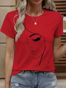 Soft 100% Cotton T-Shirt, 1 Piece, Plus Size Fashion Blouses, Graphic Print Round Neck T-Shirt, Women's Graphic Tees, Breathable Cotton Blouse, Goes With Everything, Great. - 紅色 - 查看 6
