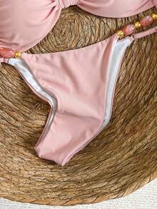 Bikinx Women's Halter Neck Back Tie Bikini Set, Bohemian Style Color-Block Beaded Shoulder Straps, Suitable For Beach Vacation Pink Summer - Pink - View 9