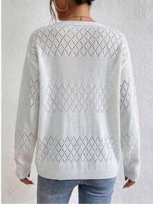 Plus Size Women's White Open Knit Cardigan, V Neck Long Sleeve Hollow Out Crochet Sweater, Casual Loose Open Front Outerwear For Spring Fall - trắng - Xem 4
