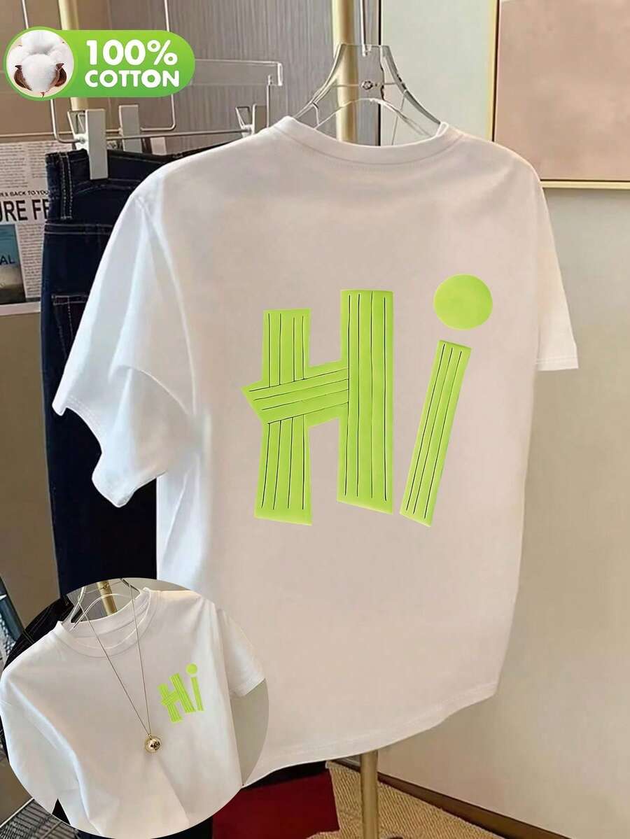 Áo thun nữ tay ngắn cổ tròn chất liệu cotton, họa tiết kẻ sọc và chữ, kiểu dáng thường ngày, màu trắng, thích hợp cho mùa xuân/hè/thu. - trắng - Xem 1
