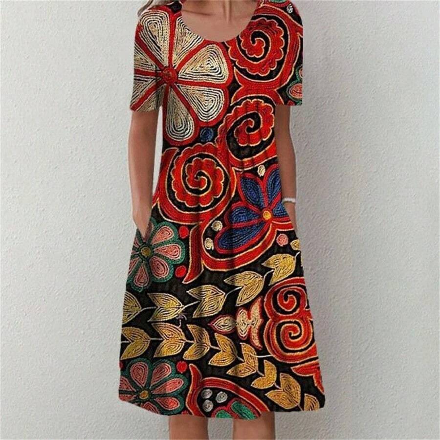 Vestido elegante de moda para mujer, vestido informal holgado, vestido estampado para mujer, nuevo temperamento - Rojo - Ver 1