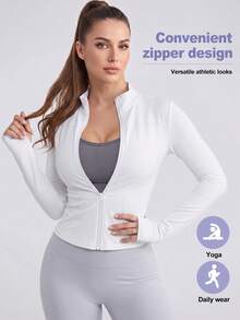 Women's Solid Color Stand Collar Activewear Jacket, Lightweight Full-Zip Yoga Jacket Suitable For Outdoor Running, Slim-Fit Design With Thumb Hole, Suitable For Indoor/Outdoor Sports - Gym Workout - Black - View 6