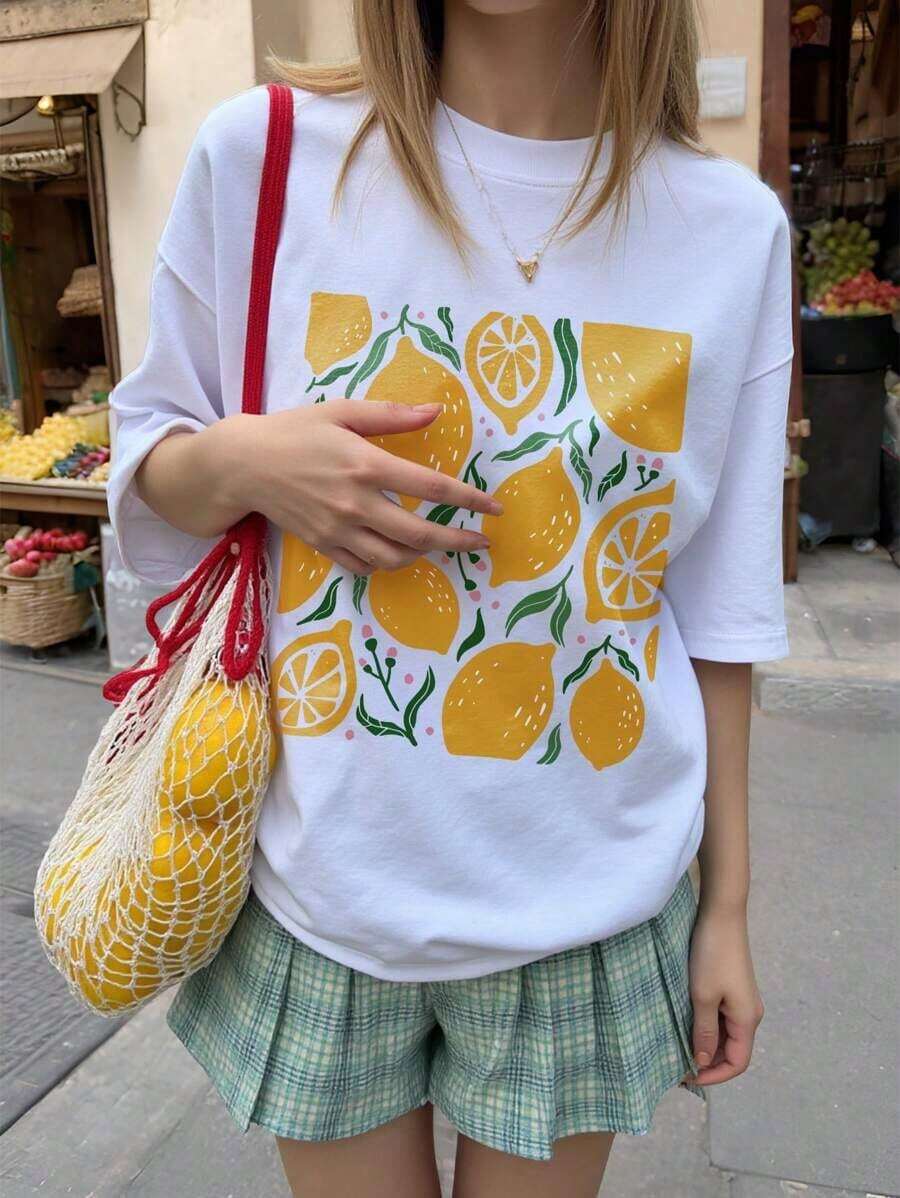 Summer Tops: Lemon Print Short Sleeve T-Shirt, Summer Touch, For Women, Fashion And Casual, Cotton T-Shirt, Summer Outfit. - White - View 1