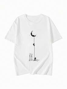 Camiseta de moda femenina de verano de manga corta camiseta de moda casual al aire libre 'astronautas en la luna' camisa casual femenina con estampado relajado - Blanco - Ver 3