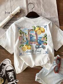 Summer Tops Women's Spring And Summer Clothing With Double-Sided Prints, Watercolor Style With Lemons Inspired By The Amalfi Coast In Italy. Versatile Short-Sleeved T-Shirt With A Round Neck In Pure Cotton, Summer Outfit. - White - View 3