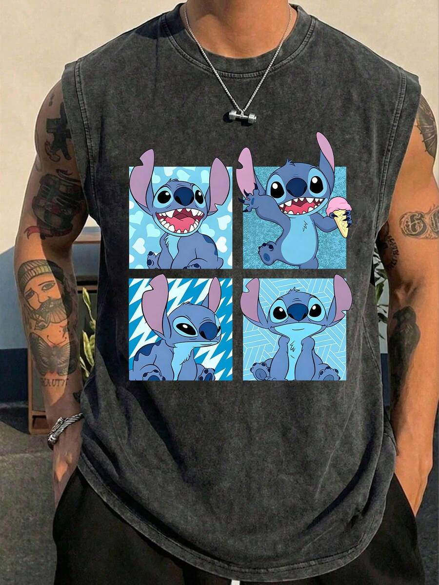 Disney Lilo & Stitch 4-Panel Officially Licensed Men's Sleeveless Graphic Tee, 100% Cotton 230g Washed Vintage Casual Shirt - màu đen - Xem 1