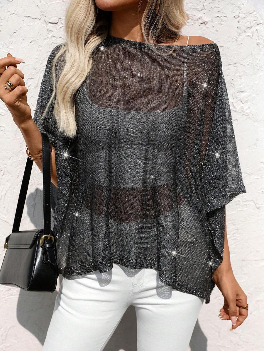 Plus Size Casual Shiny Yarn Asymmetrical Loose Knit Shawl For Women Black - Black - View 1