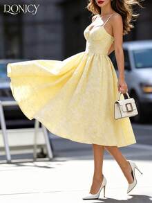 Sweetheart Neckline Floral Jacquard Mid-Length Dress, Romantic Light Yellow Strap Vintage Dress, Pleated Bustier Design, Suitable For Summer Vacation - Yellow - View 1