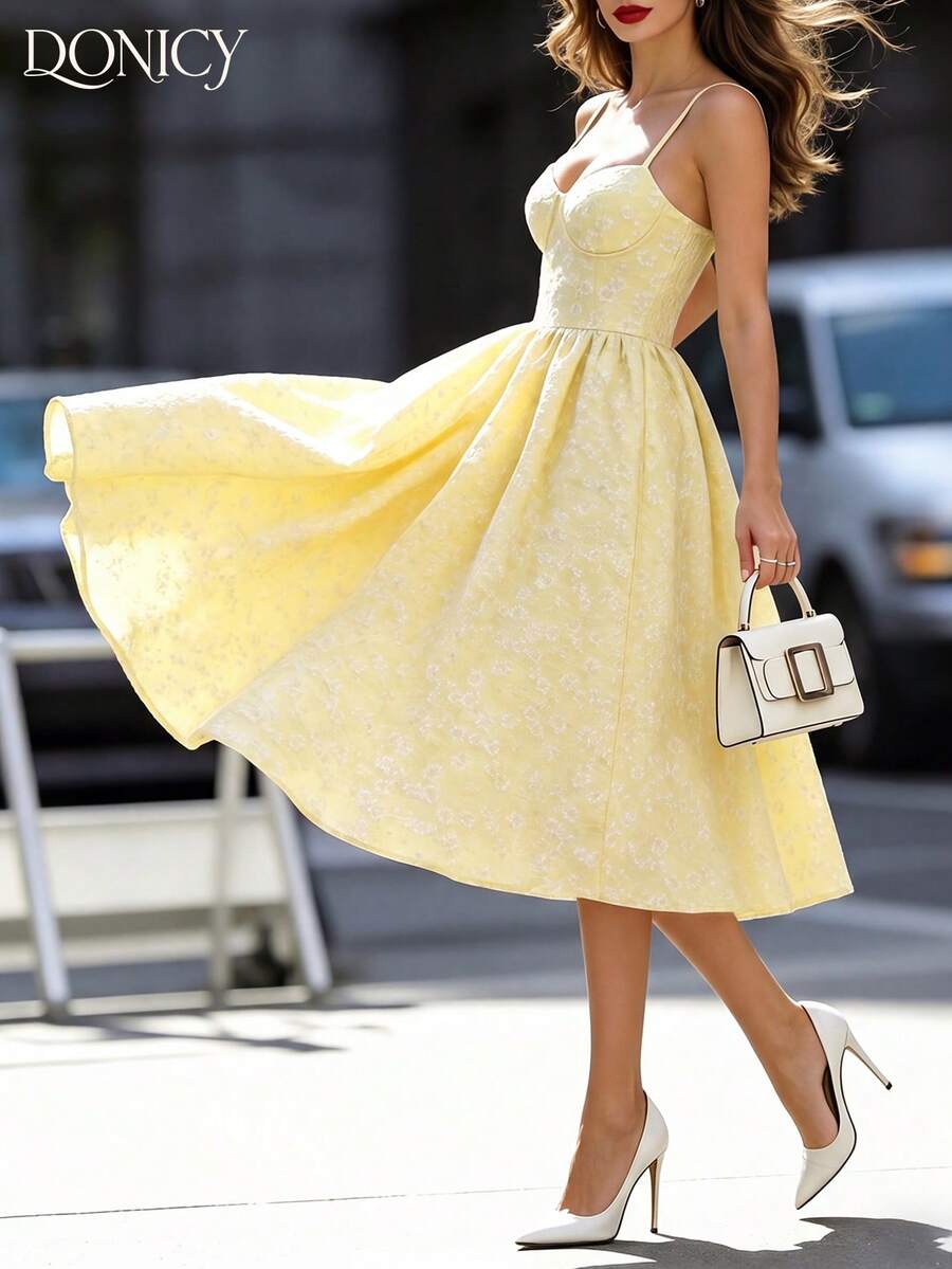 Sweetheart Neckline Floral Jacquard Mid-Length Dress, Romantic Light Yellow Strap Vintage Dress, Pleated Bustier Design, Suitable For Summer Vacation - Yellow - View 1