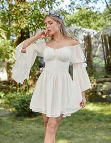 Vestido de Hada Renacentista para Mujer, Verano 2026, Estilo Boho, Hombros Descubiertos, Corsé Fluido, Vestidos Mini - Blanco - Ver 4