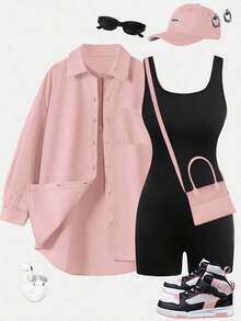 Conjunto de dos piezas para mujer estilo Y2K urbano, camisa holgada rosa de botones y overol ajustado negro de tirantes, ideal para viajes aéreos, verano casual, regreso a clases y looks deportivos juveniles - Amarillo - Ver 11