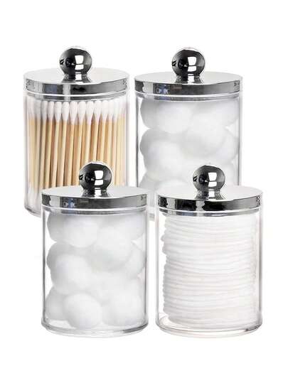 1/2/3/4 Packs Qtip Holder 10 Oz Plastic Medicine Bottle Set For Bathroom Jar Storage Organization, Bathroom Swab Dispenser, Makeup Round Pads, Dental Floss Picks - Silver Lid