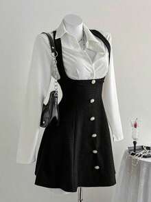 Conjunto casual de otoño con camisa y falda de peto, tweed texturizado y falda acampanada, perfecto para look diario y salidas con amigas - Blanco y Negro - Ver 6