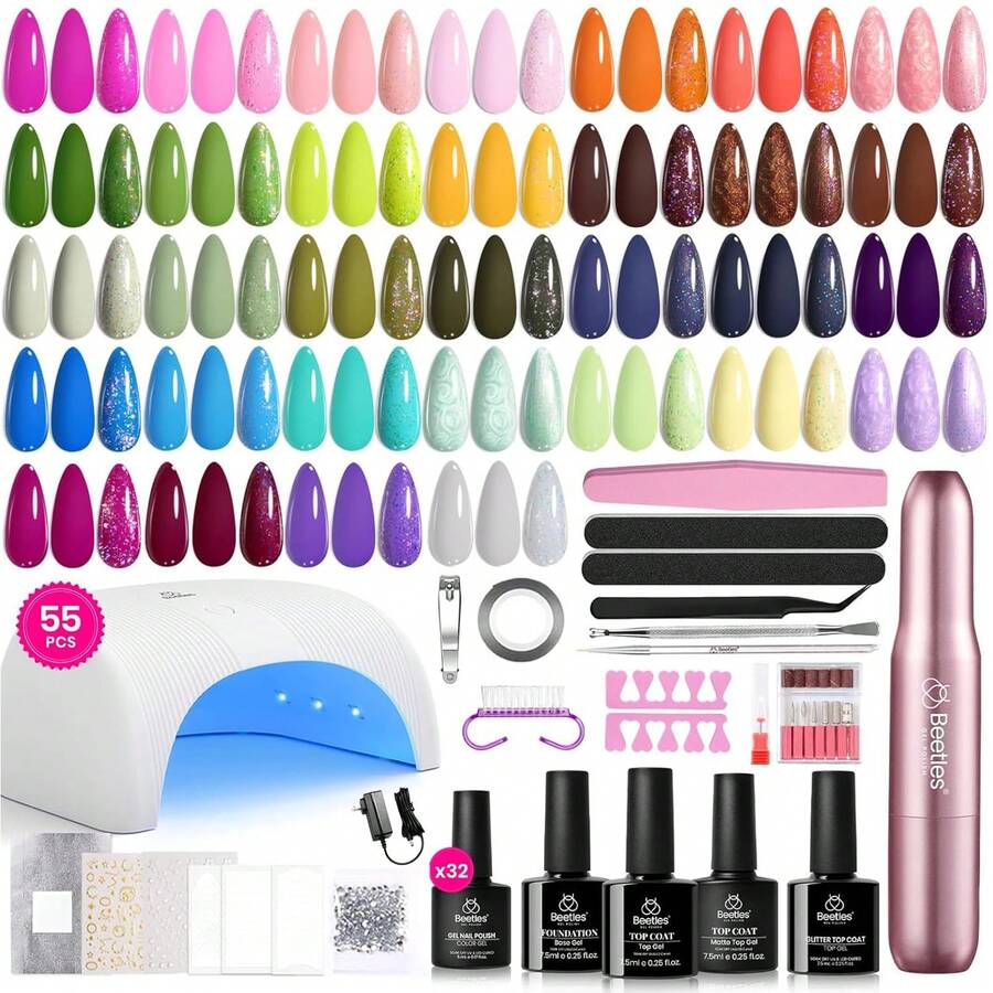 Beetles 55PCS 32Colors Fun Camp Gel Nail Polish Kit With UV Light & Nail Drill, Professional All-In-One Manicure Set, Base & Top Coat Included, Home Salon Nail Art Gifts For Women - Xem 1