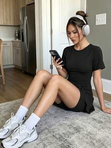 6pecil Women's Tennis Skirt With Short Sleeve Knotted Side Golf Sports Mini Dress With Built-In Shorts - Black - View 6