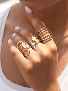 Frminee 3pcs/1pc Summer Gold Jewelry Stainless Steel Ring For Women, Stackable Western Jewelry, Accessories For Women, Suitable For Daily Vacation, Beach Accessories For Women - Multicolor - View 5