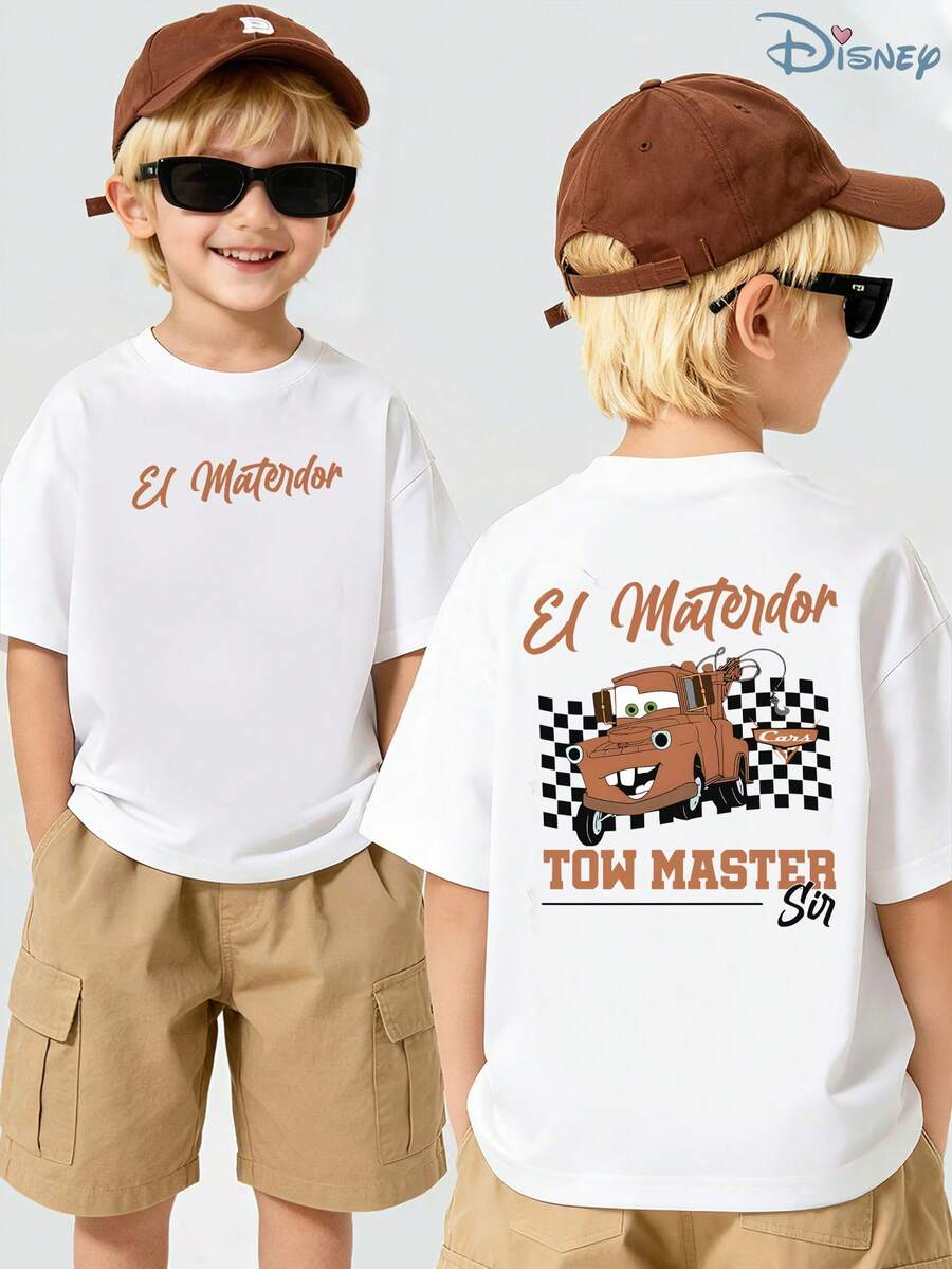 Boys' Disney Cars Tow Mater "El Materdor" Graphic T-Shirt, Kids Retro Checkered Flag Tee, Soft Breathable Casual Top For Boys, Ideal For Everyday Wear, Playground, School, Theme Parks, Vacation & Outdoor Activities - trắng - Xem 1