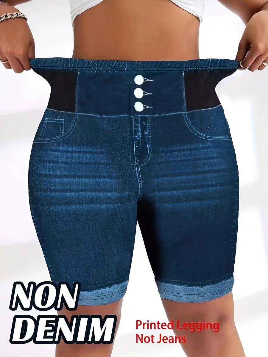 Shorts de Mezclilla con 3 Botones para Tallas Grandes, Leggings de Cintura Alta con Control de Abdomen - DK-113 - Ver 1