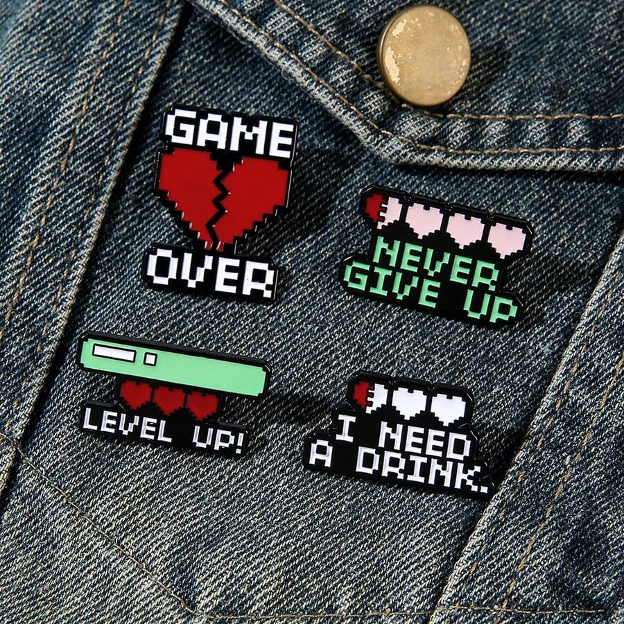 Cartoon Heart & Letter Pattern Mood, Social, Battery Indicator Brooch, Funny & Unique Decorative Pin - Multicolor - View 1