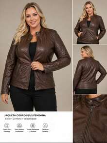 Women's Plus Size Leather Jacket - Óxido marrón - Ver 4