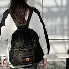 Mochila mini de mezclilla lavada vintage Y2K con bolsillos con cordón, adecuada para el estilo callejero estudiantil - Multicolor - Ver 6