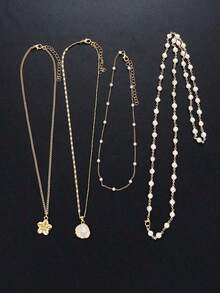 4pcs Vintage Bohemian Style Metal & Faux Pearl Flower Pendant Tassel Necklace Set, Y-Shaped Chain, Suitable Daily Wear And Beach Vacation, Women Jewelry - 銀色 - 查看 7
