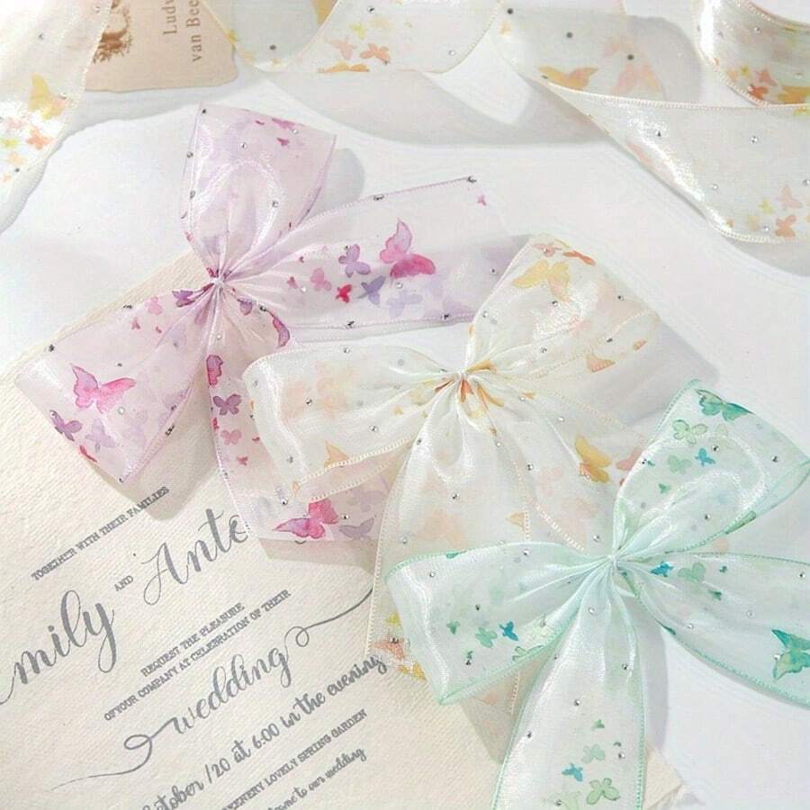 1roll 10yard Butterfly Transparent Snow Gauze Belt Hair Additions Bow Fresh Flower Material Gift Box Packaging Butterfly Printed Ribbon - Multicolor - View 1