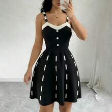 Vestido de Punto con Botones en la Parte Delantera, Vestido Midi Tipo Skater con Tirantes en Contraste y Cuello en V para Mujer, Vestido de Punto Informal para el Verano, Diario y Fiestas - Amarillo - Ver 3