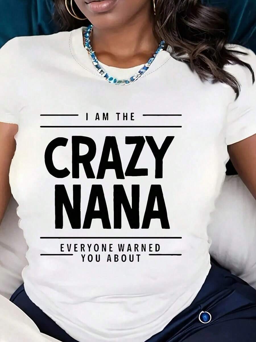Camiseta de algodón de manga corta talla grande con estampado "Soy la abuela loca, todos te advertieron", para reuniones familiares, 220g, estilo casual. - Blanco - Ver 1