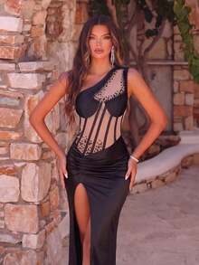 Asymmetric One-Shoulder Mesh Ruched Beaded High Slit Sexy Long Dress - Black - View 4