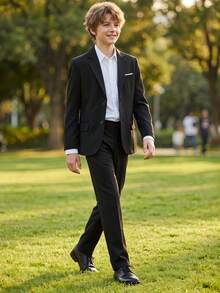2件式青少年男孩正式西裝套裝，西裝外套 + 西裝長褲，適用於婚禮、生日、學校畢業典禮、舞台表演及其他正式場合，黑色，6-16歲 - 黑色 - 查看 1