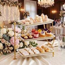 Bandeja giratoria de 3 niveles de gran tamaño, soporte de metal plegable y giratorio con bandejas de plástico blanco de múltiples capas, adecuado para exhibición de frutas y postres, exhibición de bodas y fiestas de cumpleaños - Multicolor - Ver 4