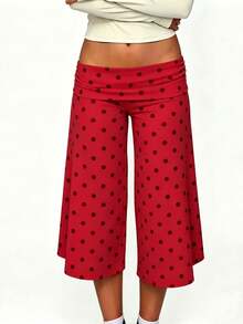 Women's Lace Trim Ruched Waist Wide Leg Capri Pants, Lettuce Hem Soft Casual Lounge Yoga Sleep Daily Loungewear Trousers - 酒紅色 - 查看 6