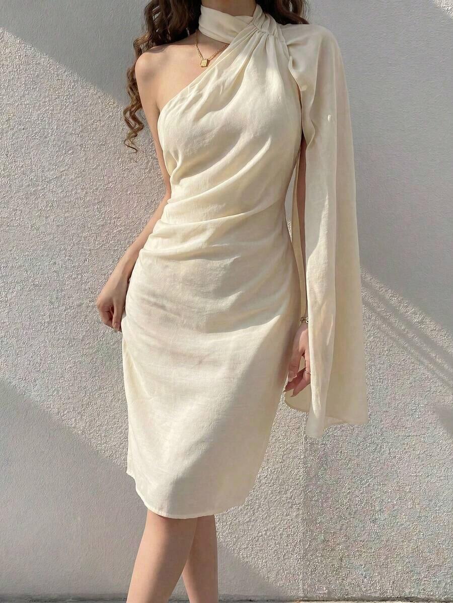 Vestido midi elegante de un solo hombro para mujer, color crema, cuello bufanda y manga drapeada - Albaricoque - Ver 1