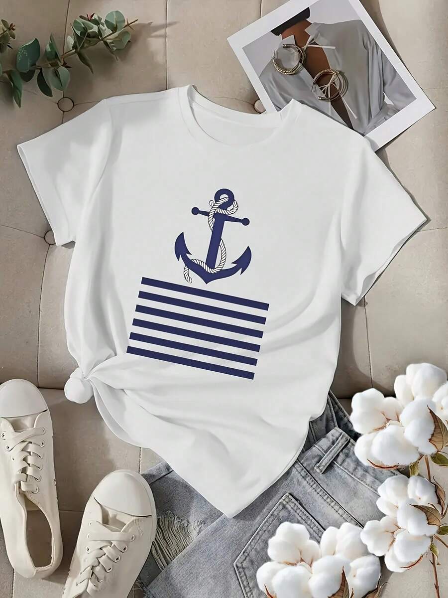Summer Tops: A Print Design Featuring Nautical Anchors And A Striped Sailboat Pattern. This Is A Short-Sleeved, Casual Top With A Round Neck, Suitable For Spring And Summer. This Breathable Summer T-Shirt Is A Women's T-Shirt That Combines Spring Fashion With The Feel Of A Cotton T-Shirt And A Summer Outfit. - White - View 1